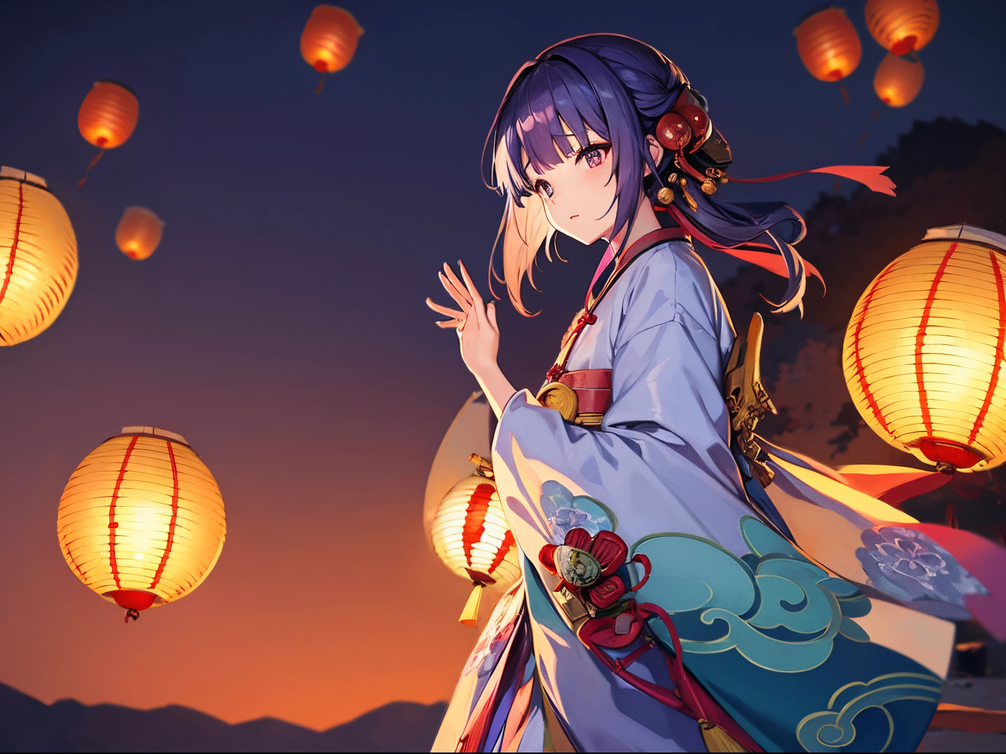 Official art, Unity 8k壁纸, ultra-detailliert, Beautiful and aesthetic, masutepiece, Best Quality, (fire, Water, bow ribbon, paper cutting), (Fractal Art:1.3) 1girl in,building, (Solo:1.5), Chinese_Clothes,  Outdoors, wide_sleeves, Sunset, (Falling_Leaves:1.2), Antin, (paper_lantern:1.5),Blue sky, (Outdoors:1.5),Hanfu, (Rainbow Candy:0.8), (style-swirlmagic:0.8),One
