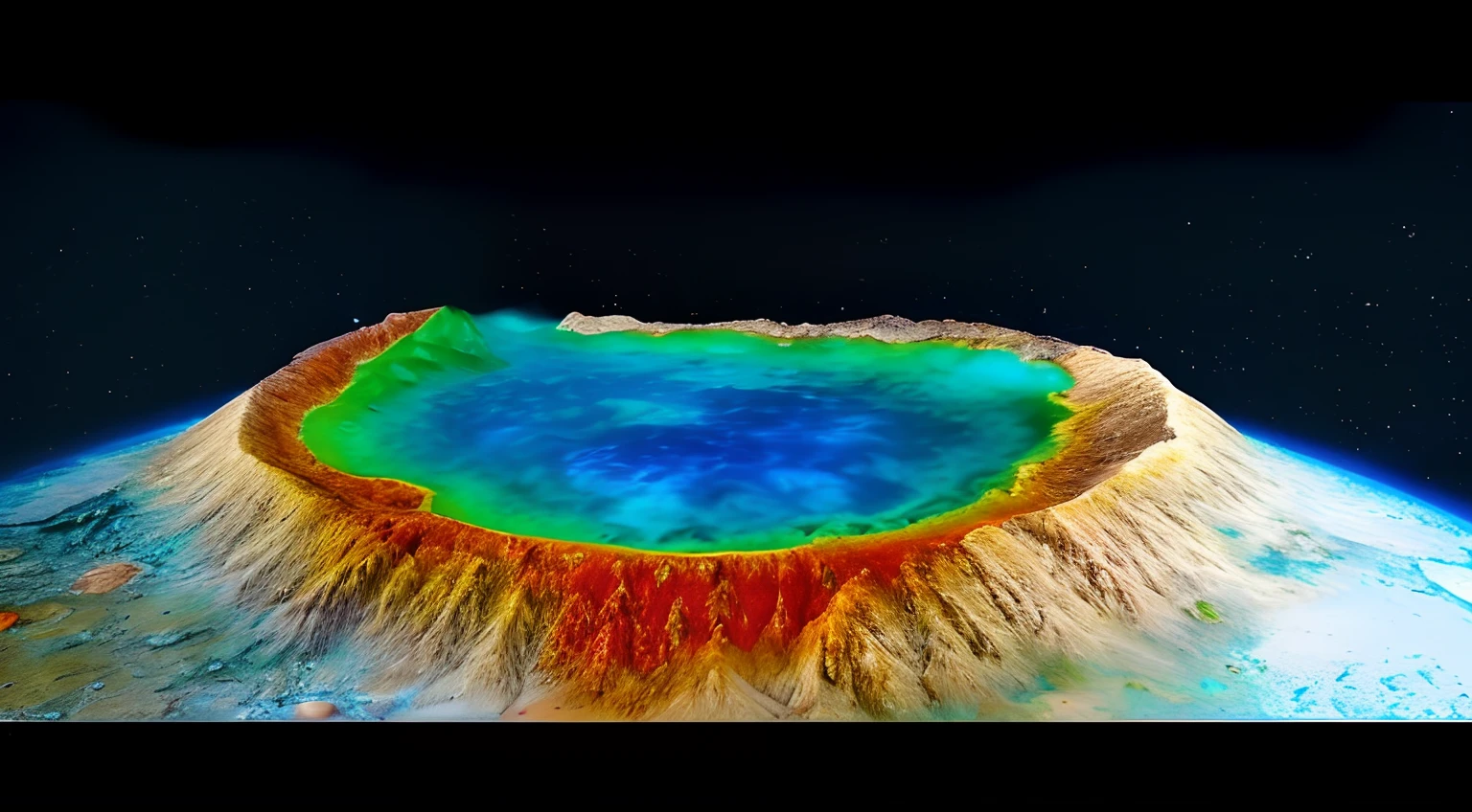 a view of a crater with a blue pool in the center, terraforming jezero crater, inside an otherworldly planet, incredibly beautiful, extremely detailed 4k, amazing alien landscape, breathtaking look, unbelievably beautiful, stunning alien landscape, majestic beautiful world, youtube video, scientific earth crust, looking down at a massive crater, alien breathtaking landscape, alien surface planet