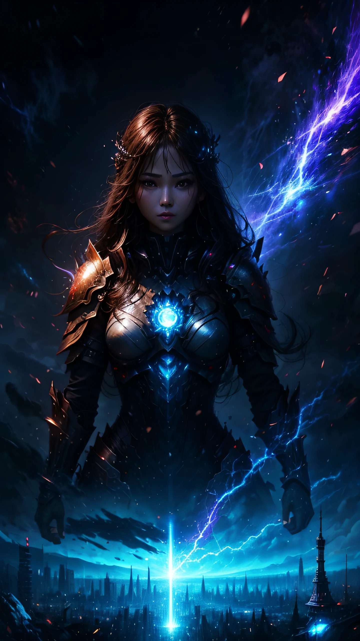 hight resolution、8K、Beautuful Women、digital ruler、Warrior、Enveloped in an aura、Cyber World、Electronic World、Electronic City、Lightning、Spark
