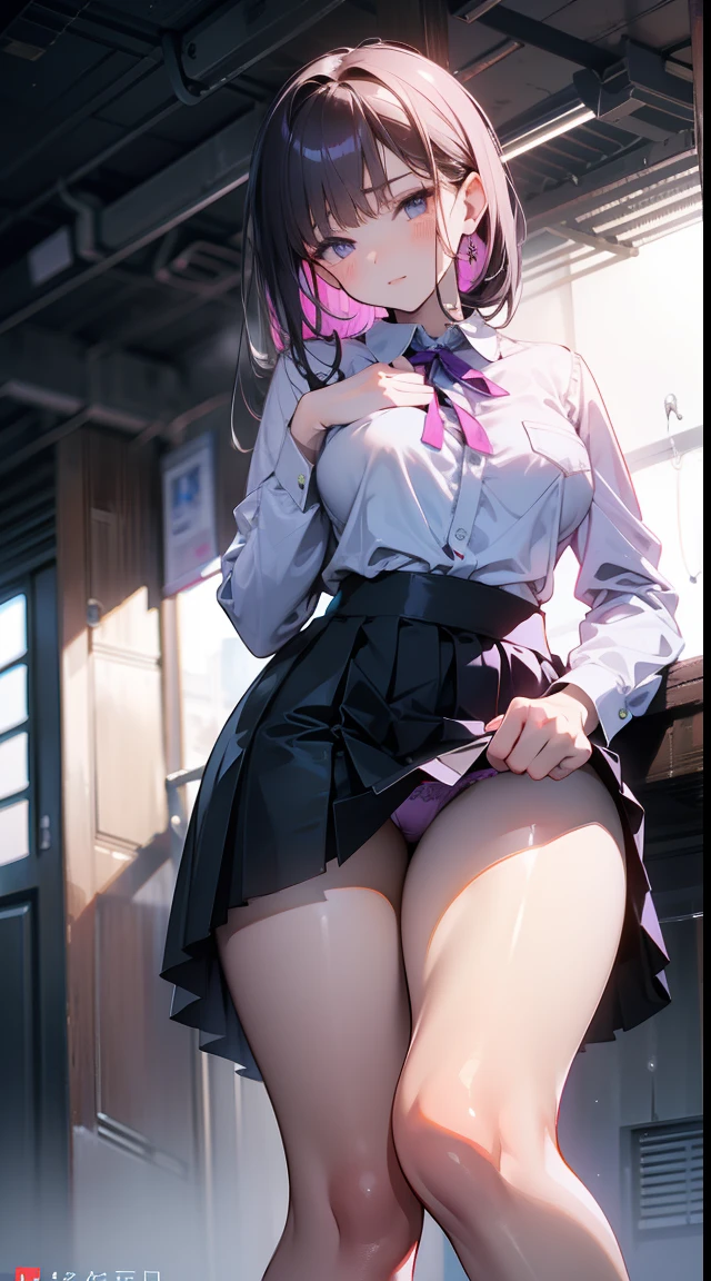 Perfect hand drawing、((Bending posture:1.2)), (Angle from below:1.2)、Beautiful body lines、1 beauty, (Light Purple Eyeshadow), (thick neck:1.4)、(broad shoulders:1.4)、(Smaller face)、(pointed breast:1.6)、Model body type、(Smaller chest)、、Sharp eyes、Watery Big Eyes、Impatience and shy laughter:1.2、((student clothes:1.2))、Shirt and knee-length skirt、(facefocus:1.4)、evening、Extremely detailed, Detailed background, Cinematic lighting, (Pull up your skirt to show your underwear:1.2), Bra visible through the gap in the unbuttoned shirt