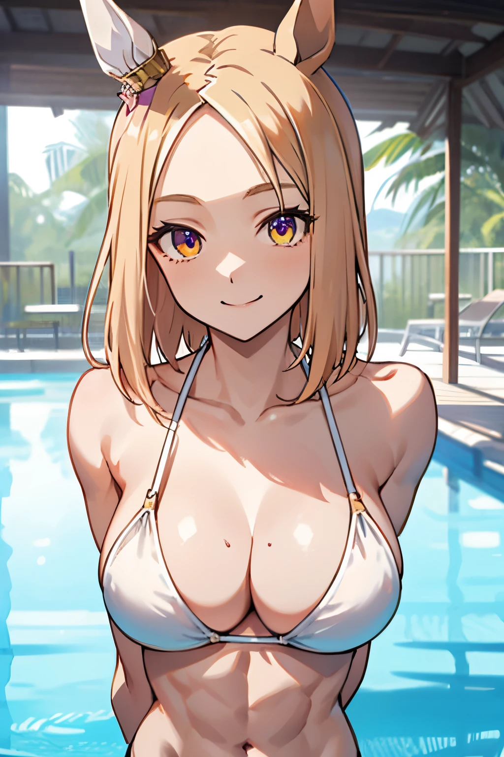 narita top road\(umamusume\), ultra-detailed face, masterpiece, best quality, upper body, muscular body, abs, front, white bikini, pool, light smile, large tits, arms behind back,