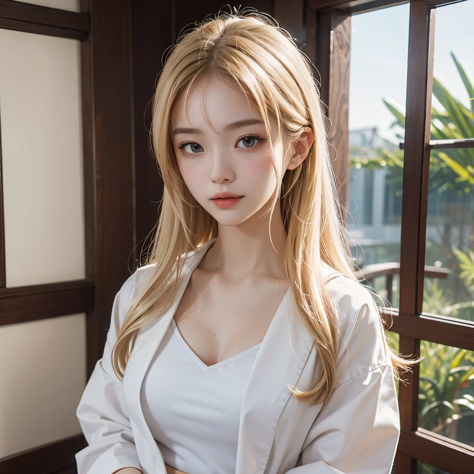 master-piece,You are tall.,Sharp resolution 4k,Fucking ung girl,He is of Chinese-Russian descent.,Beautiful face,Light blonde hair,See the whole body,Wear white skin,Shapely(letter s),The chest is of medium size.,Wearing a Japanese school uniform,smiley face love,