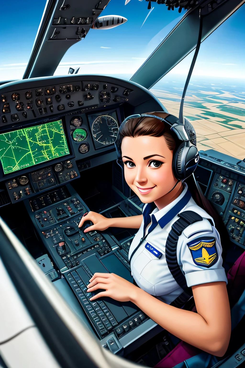 arafed female pilot in a cockpit of a plane with a laptop, pilot girl, cute pilot girl, in cockpit, flying in the air, flying aircrafts, cockpit view, in the air, flying in the sky, airplane cockpit, in pilote, flying into the sky, simple airplane cockpit