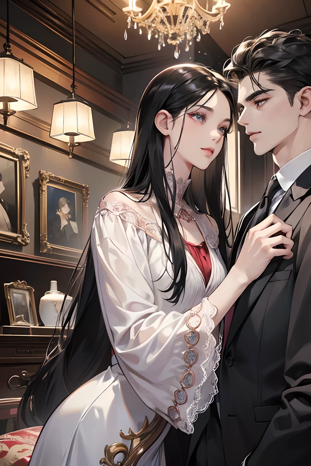 (masutepiece, Digital Art, Digital Illustration, 4K, 8K, Ultra-detailed, beautiful image, Sharp Image, Photorealistic, Raw photo, Perfect face, Perfect lines, Perfect eyes, Soft lighting) 1 woman, (Long Black Hair,straight haired,Bullish gaze,Beautie,Woman in suit,Solid makeup,23 y-o woman,small tits:1.3),Secretary, Two handsome men in suits, (ember,Men in suits,well-muscled,Firm shoulder width,Adult male,Boyish hairstyle,English gentlemanly style,Man in his 30s with a cool expression,28-year-old man with bright smile:1.2),Office scene at night,Antique furnishings,Antique Clamps,Antique chair,chandeliers,Parti、a couple、couple kissing、kiss、the kiss、Romance、