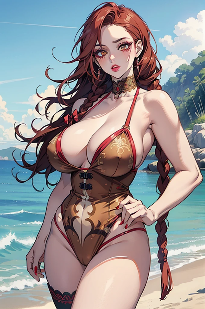 "(masterpiece:1.1), best quality, (NSFW:1.1),
1girl, gyaru, (80s anime style:1.3), (eyelashes:1.5),
(intricate high detailed body:1.2),
(red hair:1.1),
(hair slicked back:1.2), (twin braids:1.1),
brown eyes, (gothic makeup, red lip stick, eye shadow:1.1),
(pale skin:1.3), (curvy body:1.2), (gigantic breasts:1.3),
(expressionless:1.2), (blush:1.2),
(slingshot bikini:1.1),
jewelry, earrings, hair ribbon,
standing, hand on hip,
(cowboy shot:1.1),
(daytime, beach:1.2)"