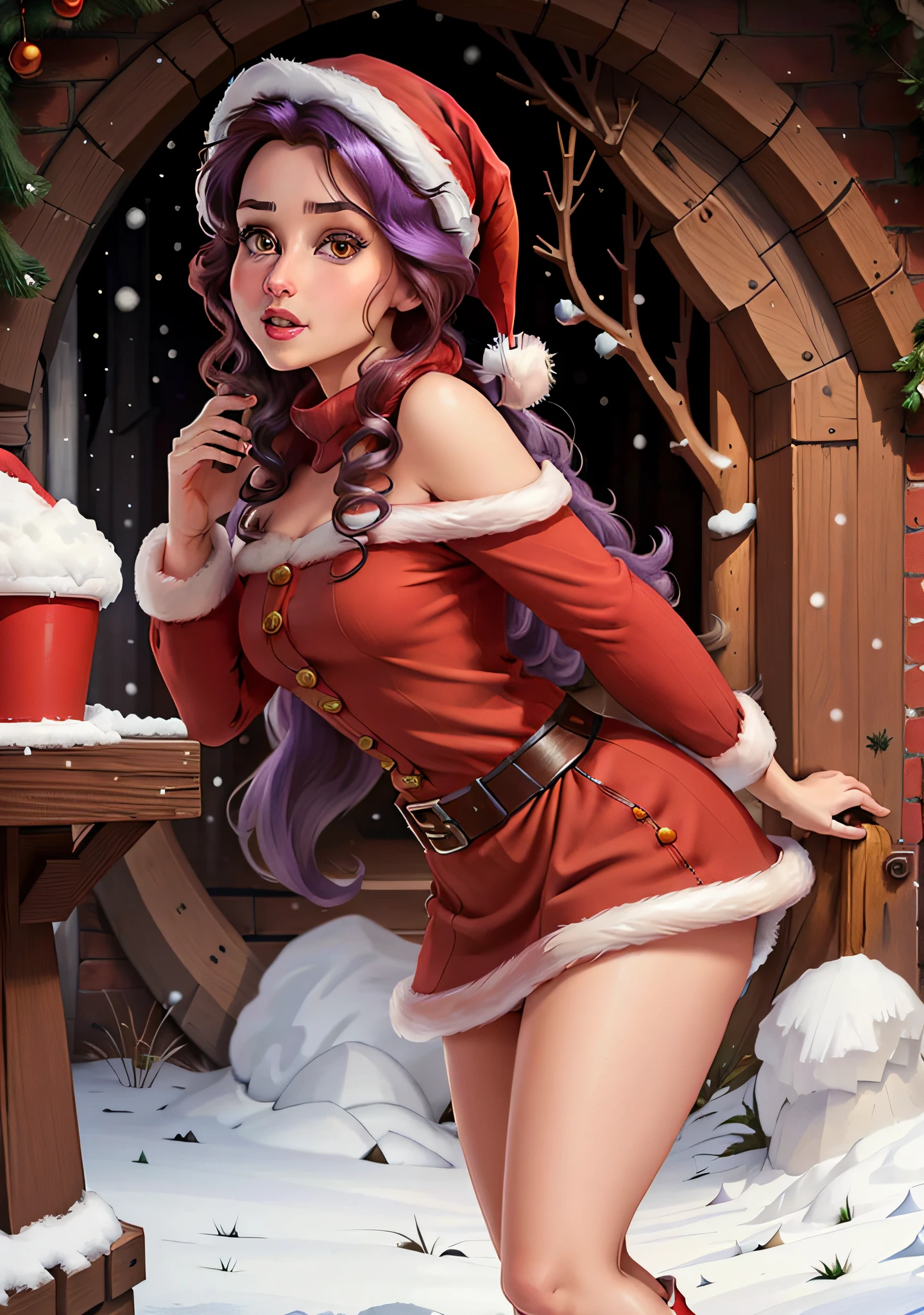 (BelleWaifu:1), (Santa Claus's red hat:1.5), snow on the background, surprised, cute, cute pose, looking at the viewer, (hairstyle square), (purple hair), (red skirt:1.2), (purple fluffy sweater on the naked body:1.2), :D, (realistic: 1), (cartoon), (masterpiece: 1.2), (best quality), (over-detailed), (8k, 4k, intricate), (full-length shot: 1), (cowboy shot: 1.2), (85 mm), light particles, lighting, (very detailed: 1.2), (detailed face: 1.2), (gradients), sfw, colorful, (detailed eyes: 1.2), (detailed winter landscape, snow trees, garden, castle:1.2),(detailed background), detailed landscape, (dynamic angle:1.2), (dynamic pose:1.2), (rule third_composition:1.3), (line of action:1.2), wide view, daylight, solo