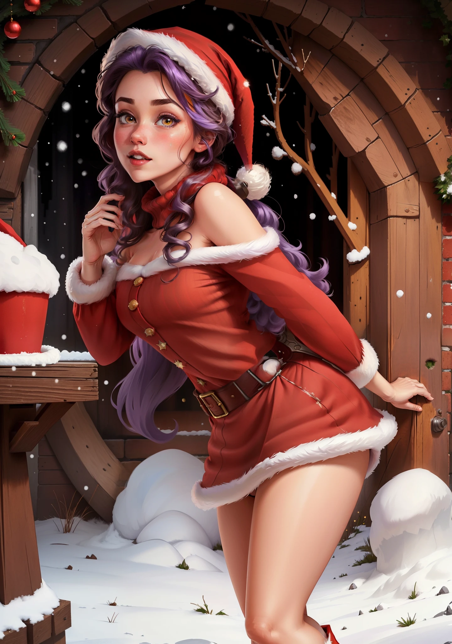 (BelleWaifu:1), (Santa Claus's red hat:1.5), snow on the background, surprised, cute, cute pose, looking at the viewer, (hairstyle square), (purple hair), (red skirt:1.2), (purple fluffy sweater on the naked body:1.2), :D, (realistic: 1), (cartoon), (masterpiece: 1.2), (best quality), (over-detailed), (8k, 4k, intricate), (full-length shot: 1), (cowboy shot: 1.2), (85 mm), light particles, lighting, (very detailed: 1.2), (detailed face: 1.2), (gradients), sfw, colorful, (detailed eyes: 1.2), (detailed winter landscape, snow trees, garden, castle:1.2),(detailed background), detailed landscape, (dynamic angle:1.2), (dynamic pose:1.2), (rule third_composition:1.3), (line of action:1.2), wide view, daylight, solo