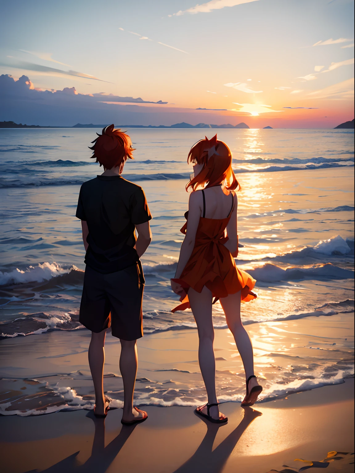 Anime siluet, (((look at the beach))), boy and girl, sunset, orange hair, party poses, maple leaf, back on camera, 4k