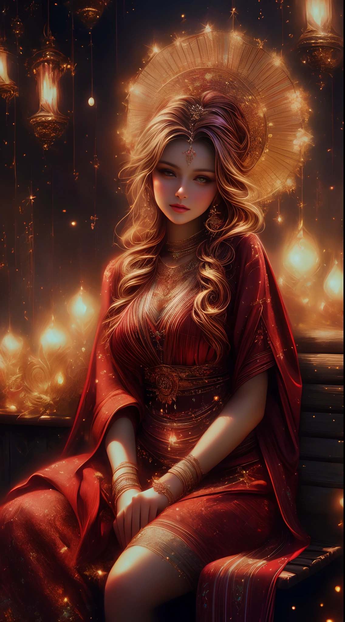 a woman sitting on a bench with candles in front of her, beautiful digital illustration, beautiful digital artwork, beautiful character painting, beautiful digital painting, gorgeous digital painting, stunning digital illustration, exquisite digital illustration, stunning digital painting, beautiful digital art, elegant digital painting, a beautiful artwork illustration, traditional beauty, painting of beautiful, gorgeous digital art, hindu aesthetic