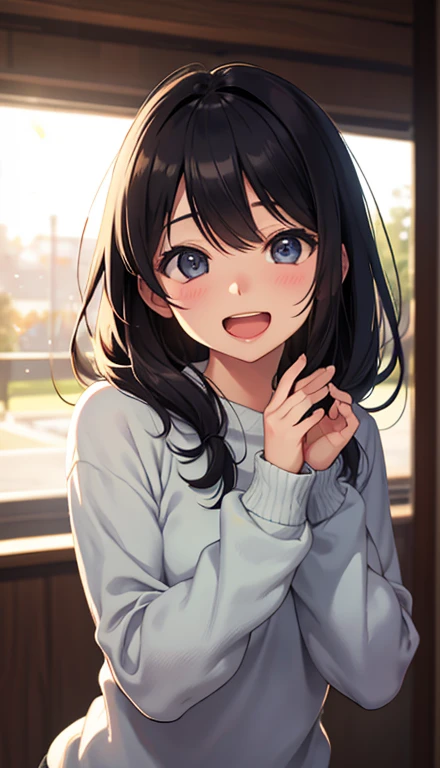 girl with、Comfortable wide neck sweater、The upper part of the body、(Huge laughter:1.1)、(Opening Mouth:1.1)、(widely opened eyes:1.2)、Delicat eyes、Sun glare、bokeh dof、depth of fields、blurry backround、Particles of light、、(Heart particles:1.1)、​masterpiece、