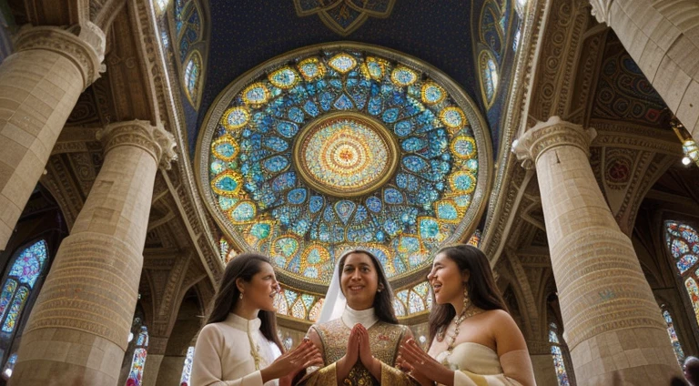 (best quality,4k,highres,masterpiece:1.2),overlapping images,diverse cultures and religions praying together,mosaic of spiritual unity,harmonious integration of individuals,bright colors,soft lighting,peaceful atmosphere,emotional connection among people,fine details,blended traditions,cross-cultural harmony,faith and diversity,collective spiritual experience,scenic beauty,serenity,celebration of global unity,artistic diversity,people in traditional costumes,interfaith dialogue,spiritual connection beyond borders,divine light,holistic perspective,inclusiveness,prayerful gestures,interconnectedness of humanity,interwoven beliefs,divergent paths leading to a common destination,mutual respect,coexistence,universal love and compassion,multi-ethnic congregation,transcending differences,intercultural richness,deep sense of belonging,interwoven narratives,expressions of devotion,transcendent awareness,cultural mosaic,cosmic unity.