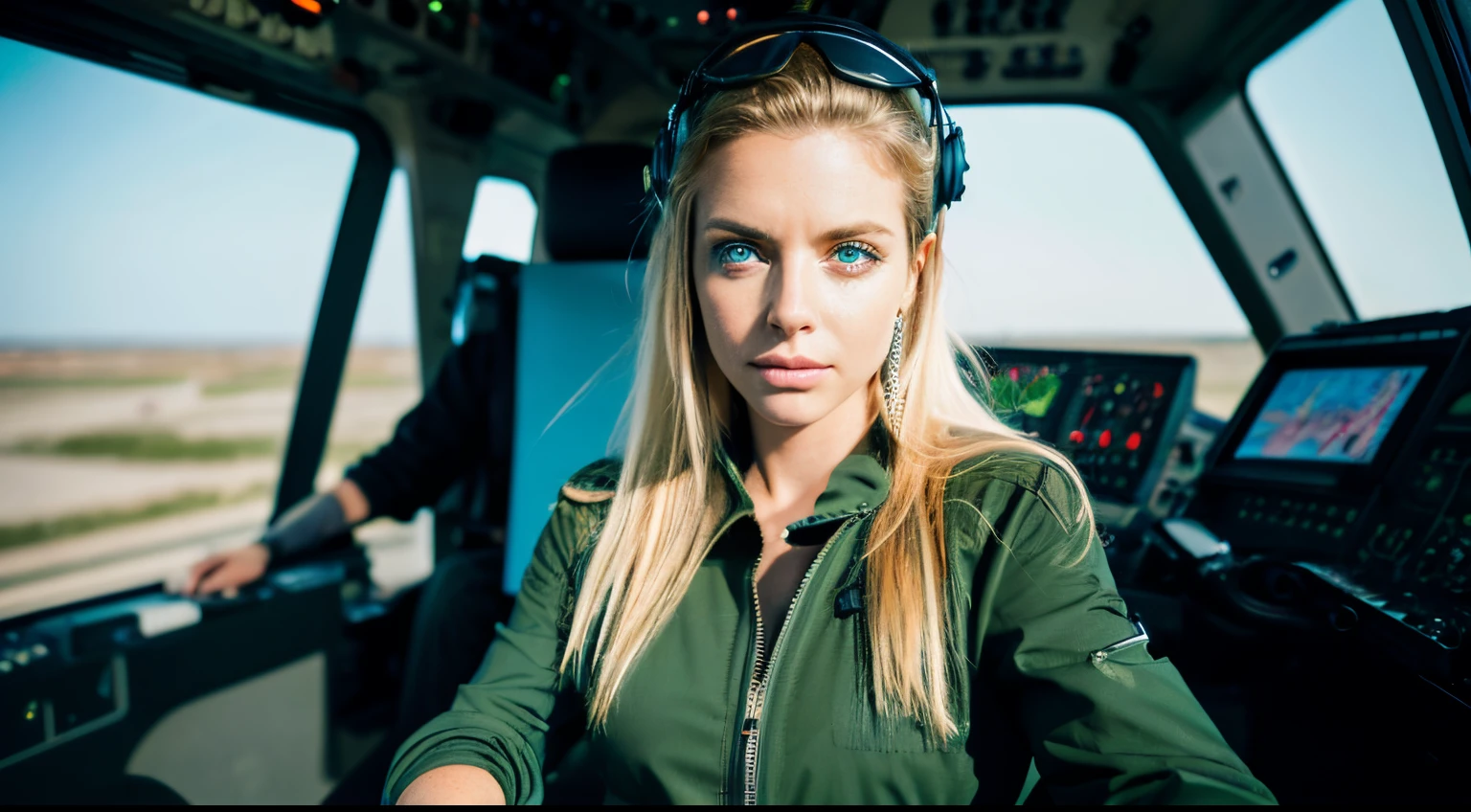 A beautiful woman wearing a dark green pilot suit and helmet blonde hair blue eyess. Brown-skinned Sitting in the cockpit of a helicopter with a nervous look on his face.