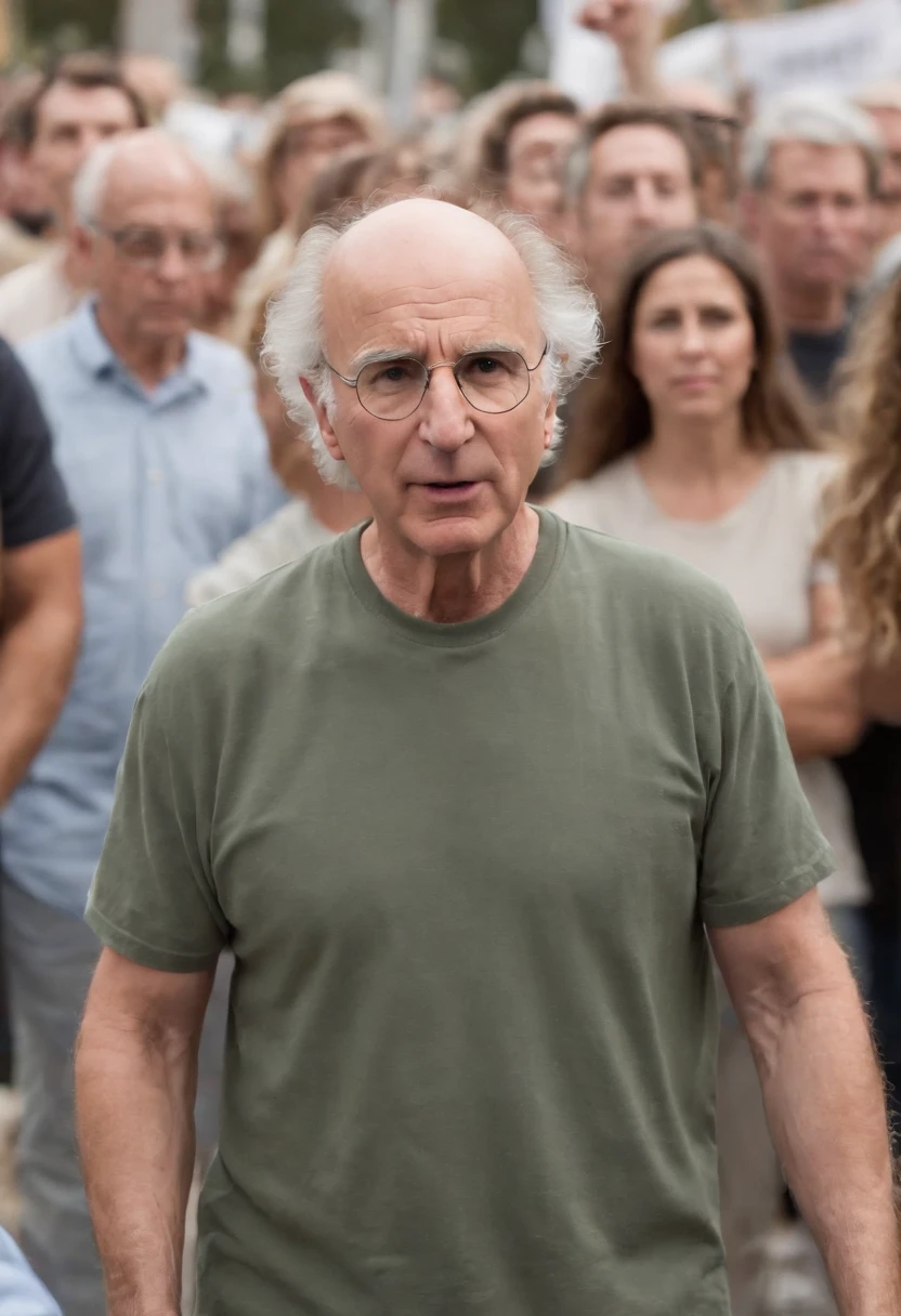 A photo of Larry standing in the middle of a crowded protest rally.,Curb Your Enthusiasm,Larry David, the character from “Curb Your Enthusiasm,” mirrors his real-life counterpart with a casual, often disheveled appearance, typically seen in khaki pants, a loose-fitting shirt, and sneakers. He is balding, with a rim of curly hair, and he carries a bemused expression that often shifts into one of exasperation or incredulity