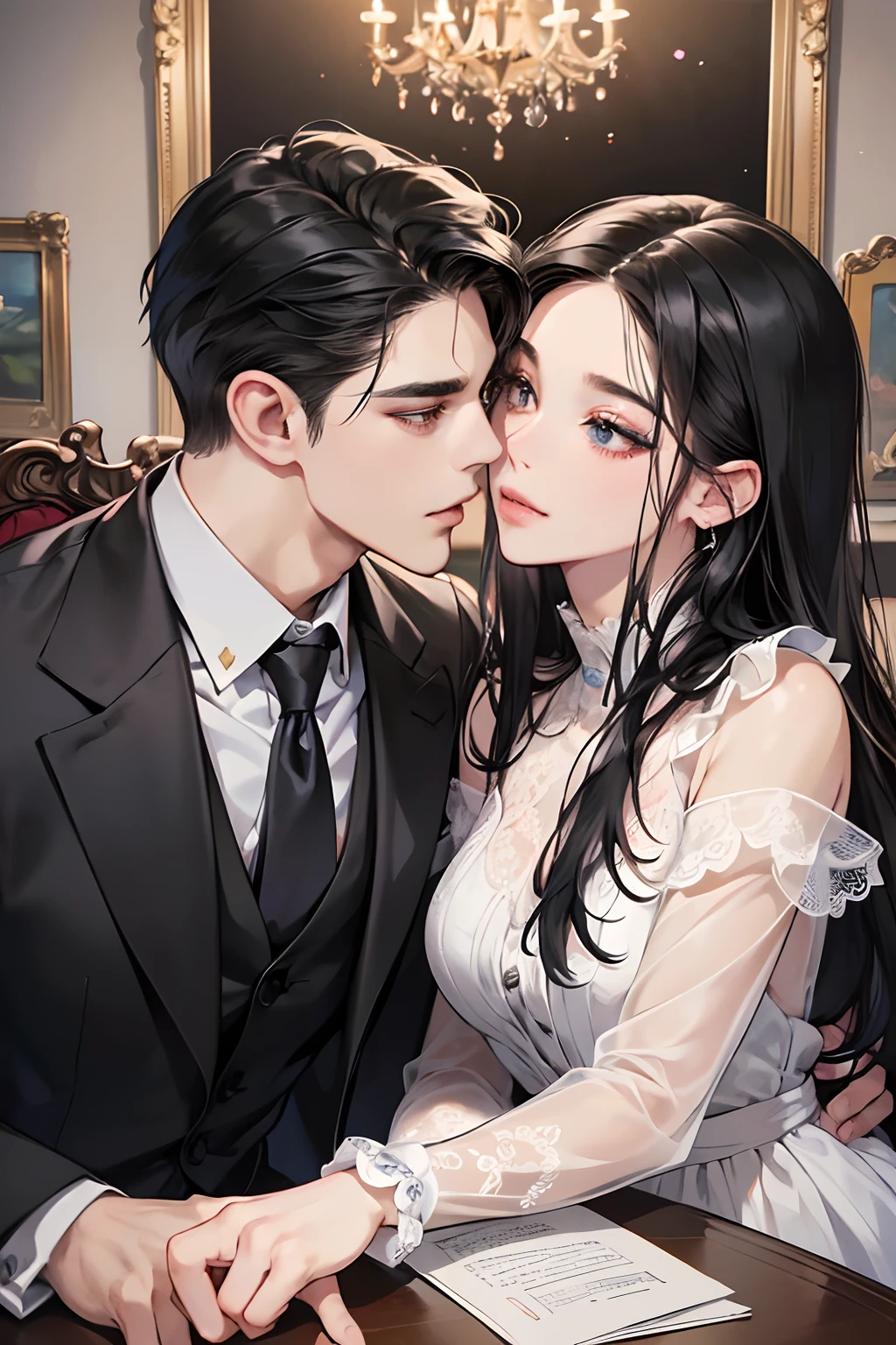 (masutepiece, Digital Art, Digital Illustration, 4K, 8K, Ultra-detailed, beautiful image, Sharp Image, Photorealistic, Raw photo, Perfect face, Perfect lines, Perfect eyes, Soft lighting) 1 woman, (Long Black Hair,straight haired,Bullish gaze,Beautie,Woman in suit,Solid makeup,23 y-o woman,small tits:1.3),Secretary, Two handsome men in suits, (ember,Men in suits,well-muscled,Firm shoulder width,Adult male,Boyish hairstyle,English gentlemanly style,Man in his 30s with a cool expression,28-year-old man with bright smile:1.2),Office scene at night,Antique furnishings,Antique Clamps,Antique chair,chandeliers,Parti、a couple、couple kissing、kiss、the kiss、Romance、