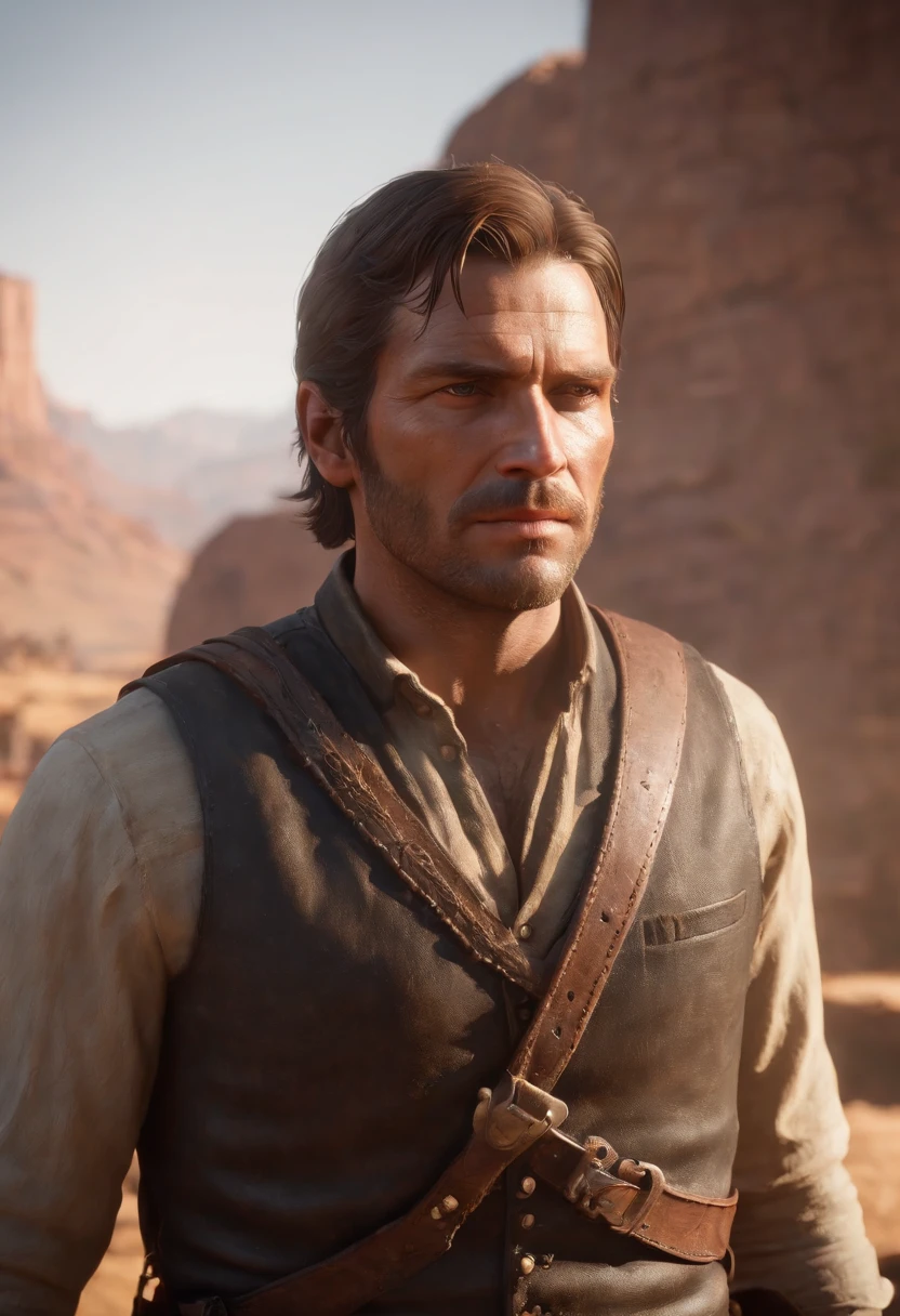The image is of a stunning sunrise over a majestic mountain range.,Red Dead Redemption 2,Arthur is a tall 36 year old human male with a stocky build. He is 6'3, weighing roughly 230lbs. He had light skin, green eyes, thick brown hair that is kept in a swept back style, and no visible scars aside from a small one on his chin.