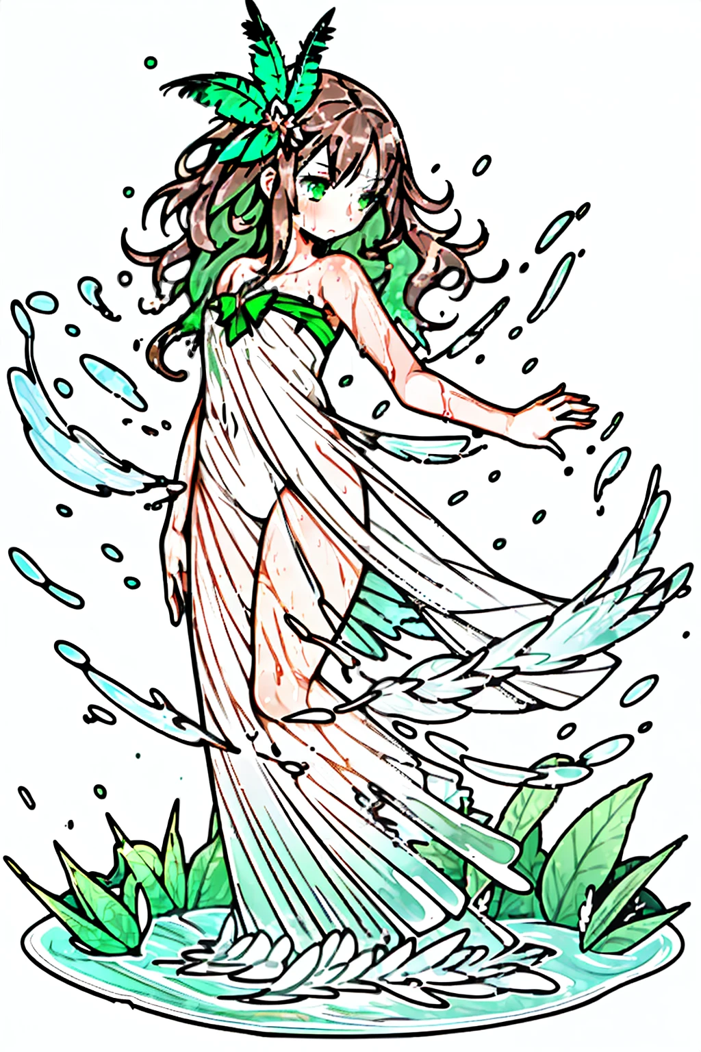 algae underwater, figure of a floating man, watercolor