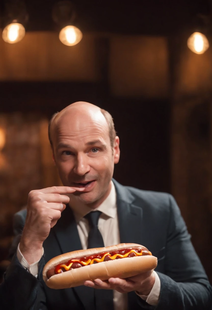 Hotdogfingers at a hilarious stand-up comedy show,original,He’s a middle aged man who is balding but the star of the show is that his fingers are hot dogs