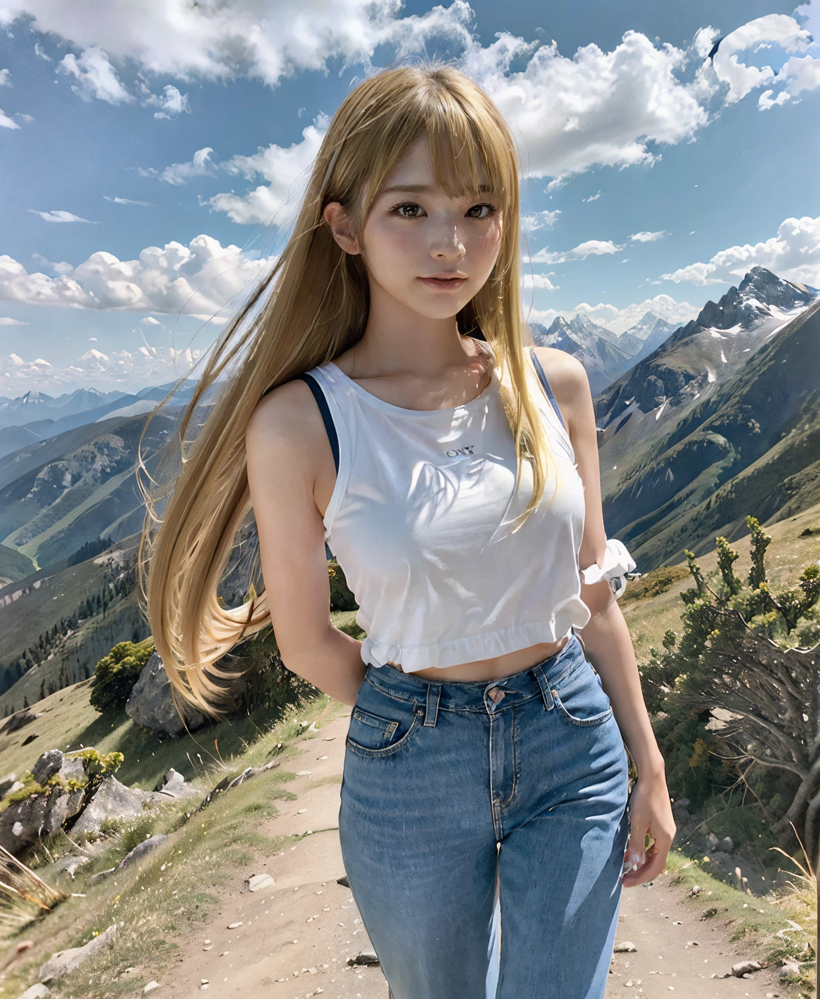 (​masterpiece、top-quality、8k wallpaper、hight resolution、A hyper-realistic)、1girl in、独奏、Composition of the whole body from a distance, Slender body type:1.1、Beautiful face、Beautiful eyes、A detailed face、A detailed eye、Detailed nose、Detailed mouth、(Long blonde hair blown in the wind:1.5)、(Lots of bangs:1.5)、Black eye、Mountain girl style、backpacker, mountaineer, Mountains from the summit々View of、Walking along a mountain trail、(Photograph yourself:1.5)tshirts, Long pants, Climbing、Wearing trekking boots、Natural Landscape Photography;mountain climbing;There are steep mountain ranges in the distance.、Spectacular summer mountain scenery with stunning contrasts of blue sky and white clouds。camera="Sony a7 IV";lens="Tamron 28〜200mm F / 2.8〜5.6Di III RXD";"shibori= F / 6.3";"Shutter Speed=1/1600 seconds";".....ISO=100";