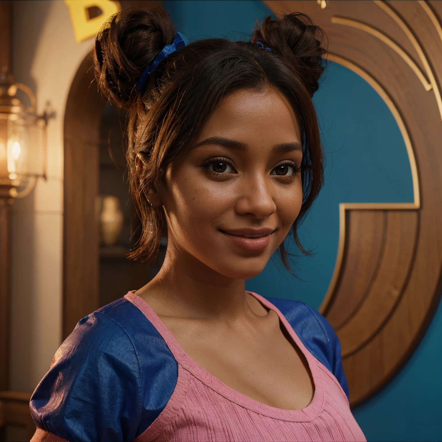 Mulher 30 anos pele morena escura sorrindo cabelo cacheado disney pixar 3d 4k