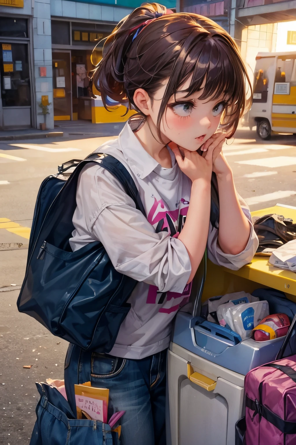 Scenario is a market, prateleiras com chocolates, A child with a backpack on his back staring contentedly at the sweets