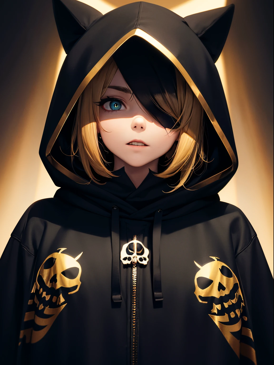 4k,8k,best quality,1skull,wearing black hoodie,wearing a hood,no eye, face in the shadows,eyeball only,gold letters all over hood,close up,darkside background