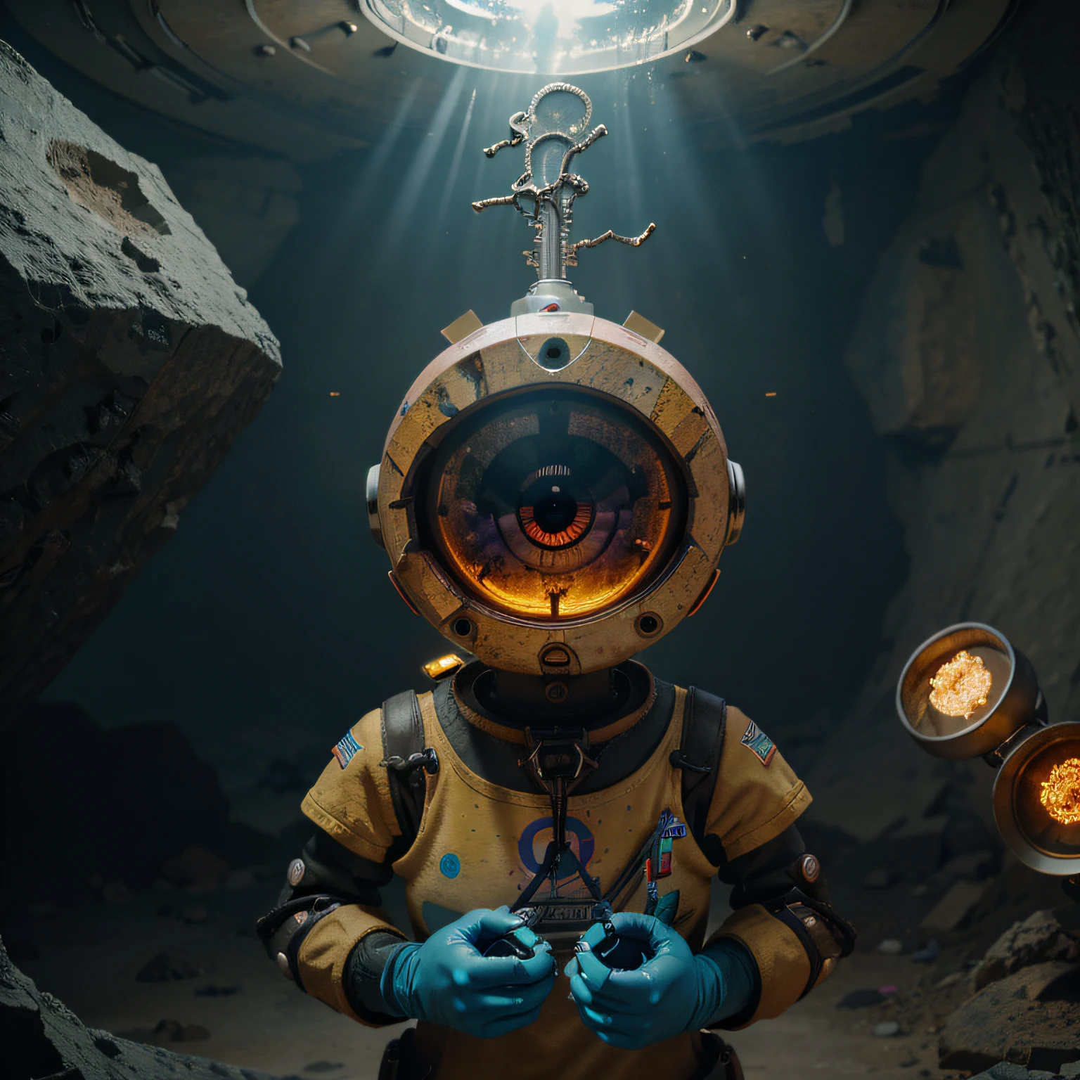 A toon Crazy Only Eye Robot, tongs in hands, Tv head, pinhead, Yellow Pink Cyan Rusty, Ambient in a meteorite crater super detailed, center, beautiful, soft lighting, focused on the character, 4K resolution, photorealistic rendering,