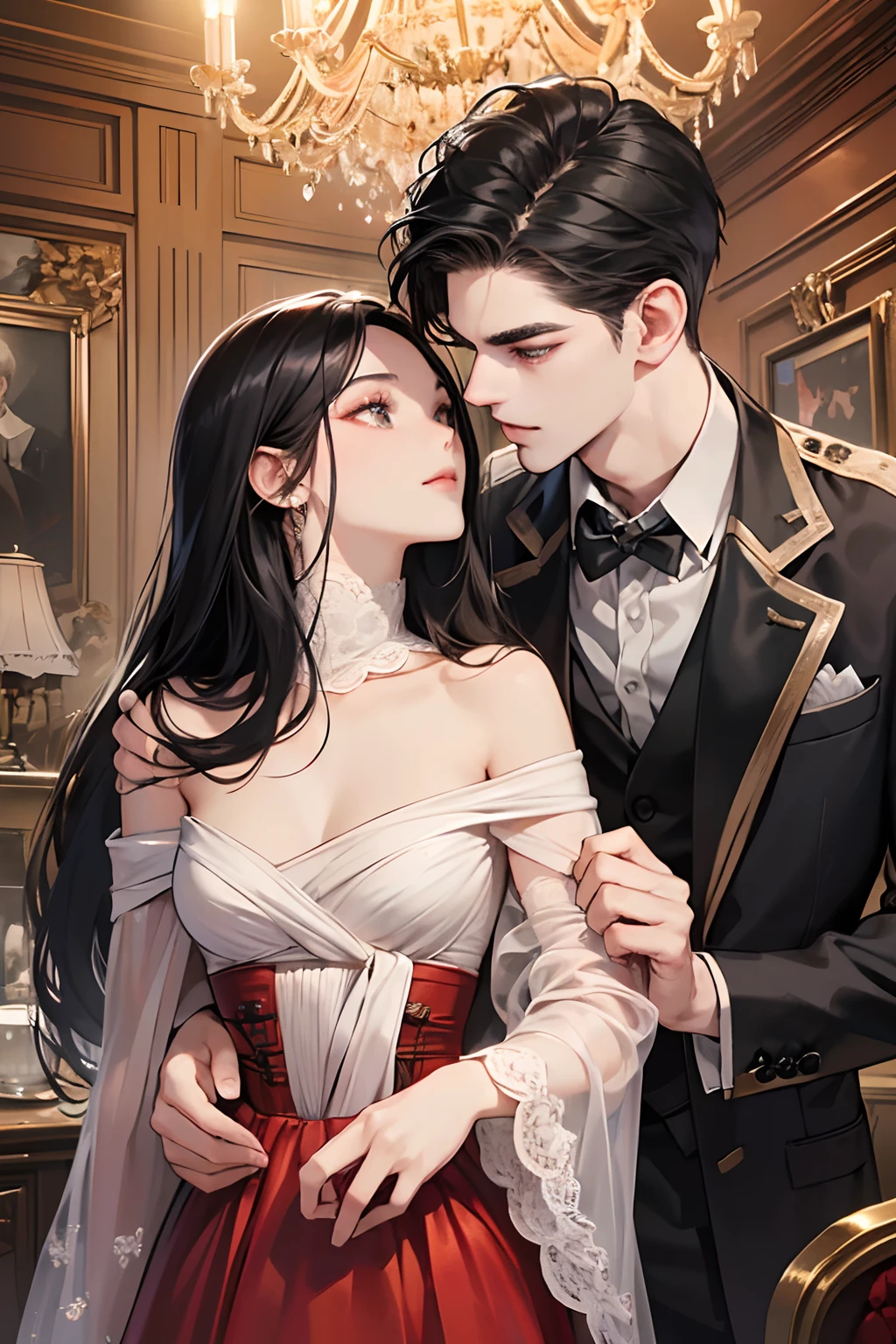 **Creada por: Midoru**
(masterpiece:1.4), best quality,
Dark and sultry couple, passionate and sensual, strong and gentle, revered and adored, two souls bound in love, nighttime scene, moonlight casting ethereal glow, romantic and enchanting, both submissive and dominant, intimate and sensual, dark-haired beauty and her imposing lover, sophisticated and alluring, a goddess and her mafia prince, her dark hair cascading down her back, his chiseled features and outlined beard, his tall, muscular form clad in black, her thin, delicate frame dressed in delicate white, her lips gloss