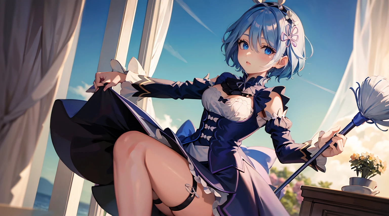 #anime
#character
furina wear rem's maid clothes and holding a mop in manion