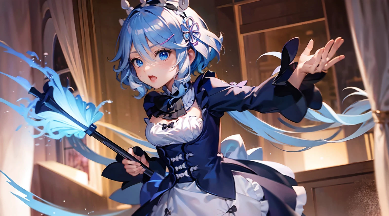 #anime
#character
furina wear rem's maid clothes and holding a mop in manion