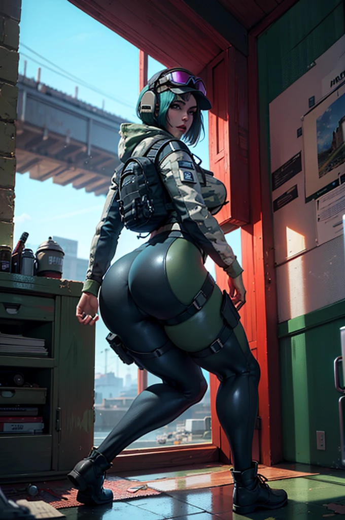 8k portrait of ela (rainbow six siege)
, camouflage, solo, green hair, backpack, boots, hat, goggles, goggles on headwear, pants, looking at viewer, jacket, hood, bag, short hair, headset, blue eyes, camouflage jacket, gloves, holster, hood down, thigh holster, radio antenna, military, headphones, leggings
,  ((full body)), piercing eyes, looking at the viewer, dynamic pose, ((thighs)), (big tits:1.0), looking back, (huge ass:1.4)
, best quality, (photo-realistic:1.2), looking at the viewer, film grain, construction site scene, construction site background, debris, low angle
, dark scene, rim lighting, two tone lighting, dimly lit, low key hdr,