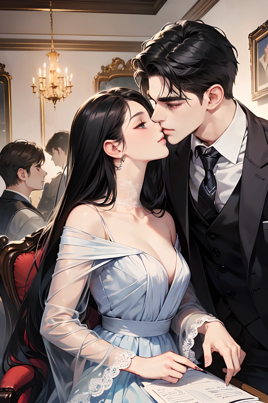 (masutepiece, Digital Art, Digital Illustration, 4K, 8K, Ultra-detailed, beautiful image, Sharp Image, Photorealistic, Raw photo, Perfect face, Perfect lines, Perfect eyes, Soft lighting) 1 woman, (Long Black Hair,straight haired,Bullish gaze,Beautie,Woman in suit,Solid makeup,23 y-o woman,small tits:1.3),Secretary, Two handsome men in suits, (ember,Men in suits,well-muscled,Firm shoulder width,Adult male,Boyish hairstyle,English gentlemanly style,Man in his 30s with a cool expression,28-year-old man with bright smile:1.2),Office scene at night,Antique furnishings,Antique Clamps,Antique chair,chandeliers,Parti、a couple、couple kissing、kiss、the kiss、Romance、