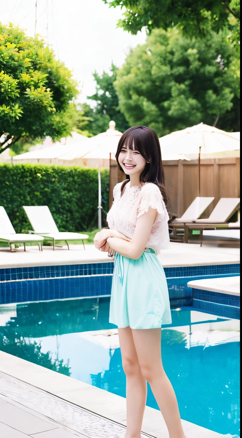 22year old、kawaii、well-styled、in poolside、a smile、Standing、