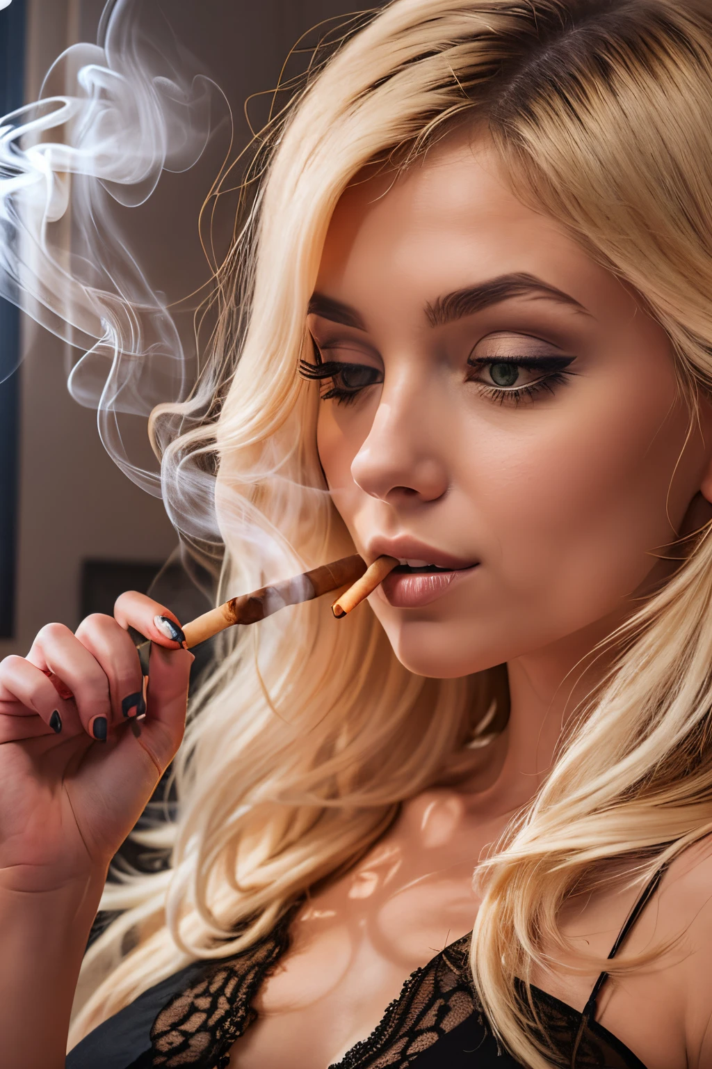 blonde woman in a brown dress smokes a cigarette in a bedroom, smoke coming out of her mouth, with smoke, smoke in front, smoke around her, detailed smoke, with cigar, while smoking a cigar, smoke from mouth, smoke in the background, thick smoke, soft smoke, intense smoke, in front of smoke behind, smoking body, gentle smoke effect