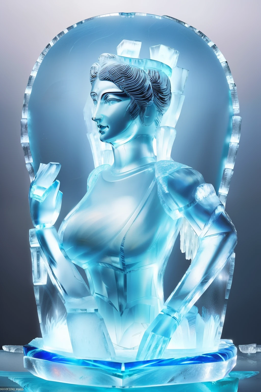 (((Imagine a transparent ice statue of the mythical goddess Venus:1.4))), best quality, high definition, 4k, highly detailed, (ice sculpture:1.1), (frozen solid:1.1), (clear light blue ice:1.2), beautiful face, smiling, gigantic breasts,