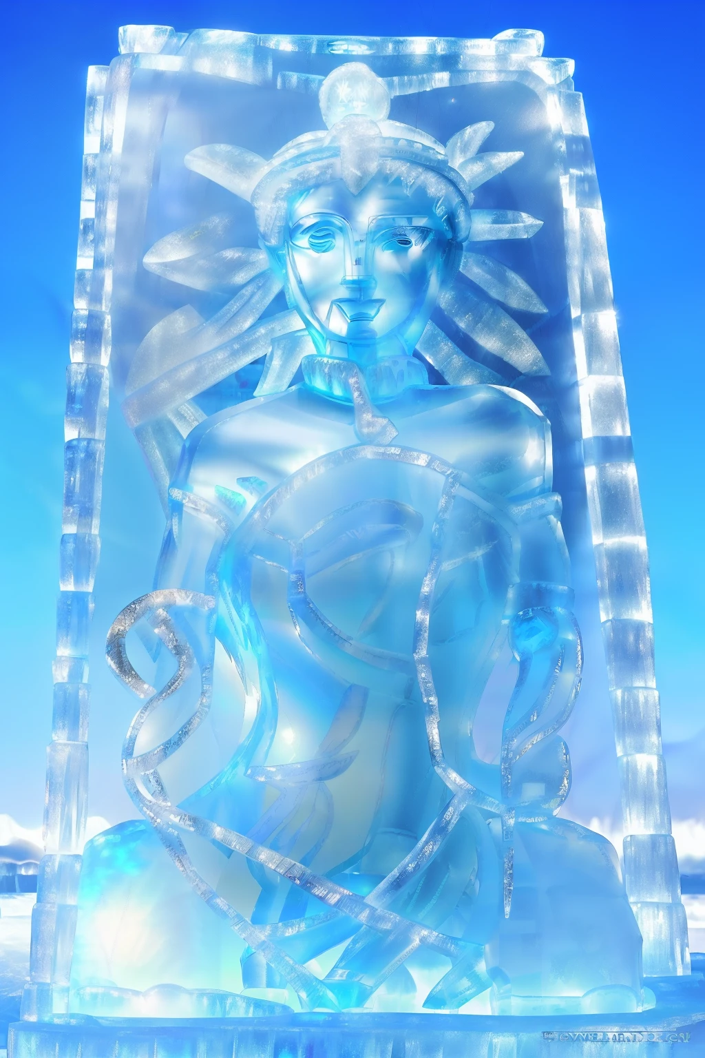 (((Imagine a transparent ice statue of the mythical goddess Venus:1.4))), best quality, high definition, 4k, highly detailed, (ice sculpture:1.1), (frozen solid:1.1), (clear light blue ice:1.2), beautiful face, smiling, gigantic breasts,