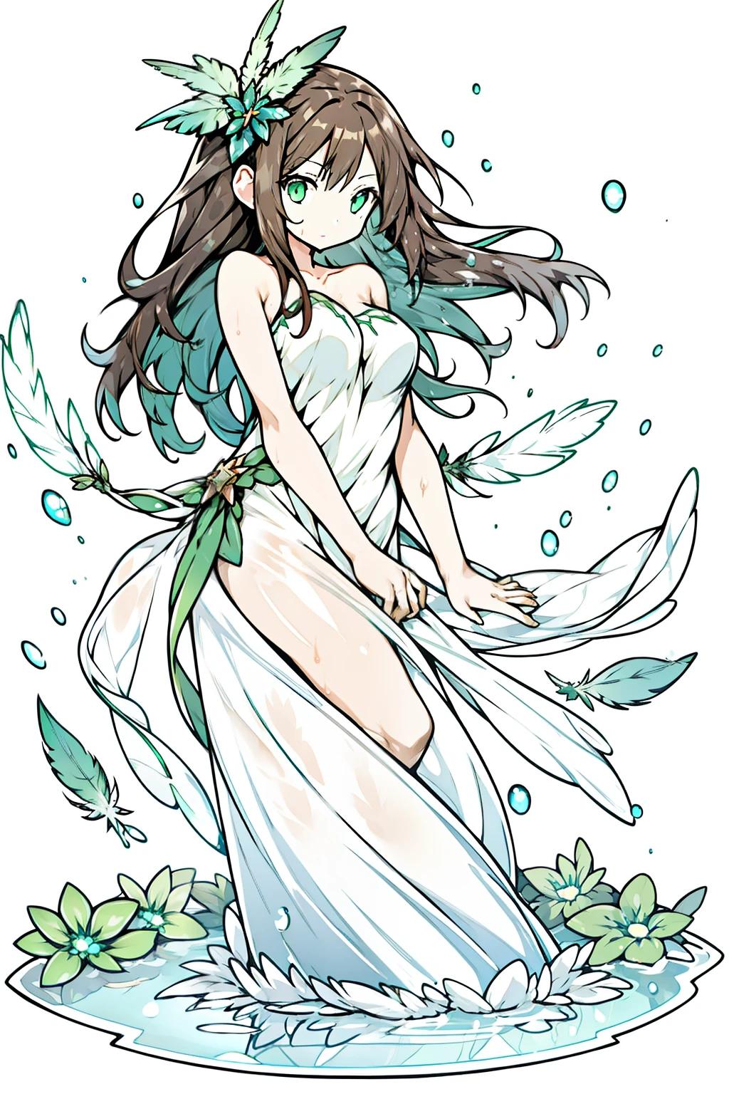 dark brown watery hair,feathers hair ornament,Green-eyed,girl,water elemental,body of water,Transparent body,liquid body,Wet,Skin is made of water,Clean the skin