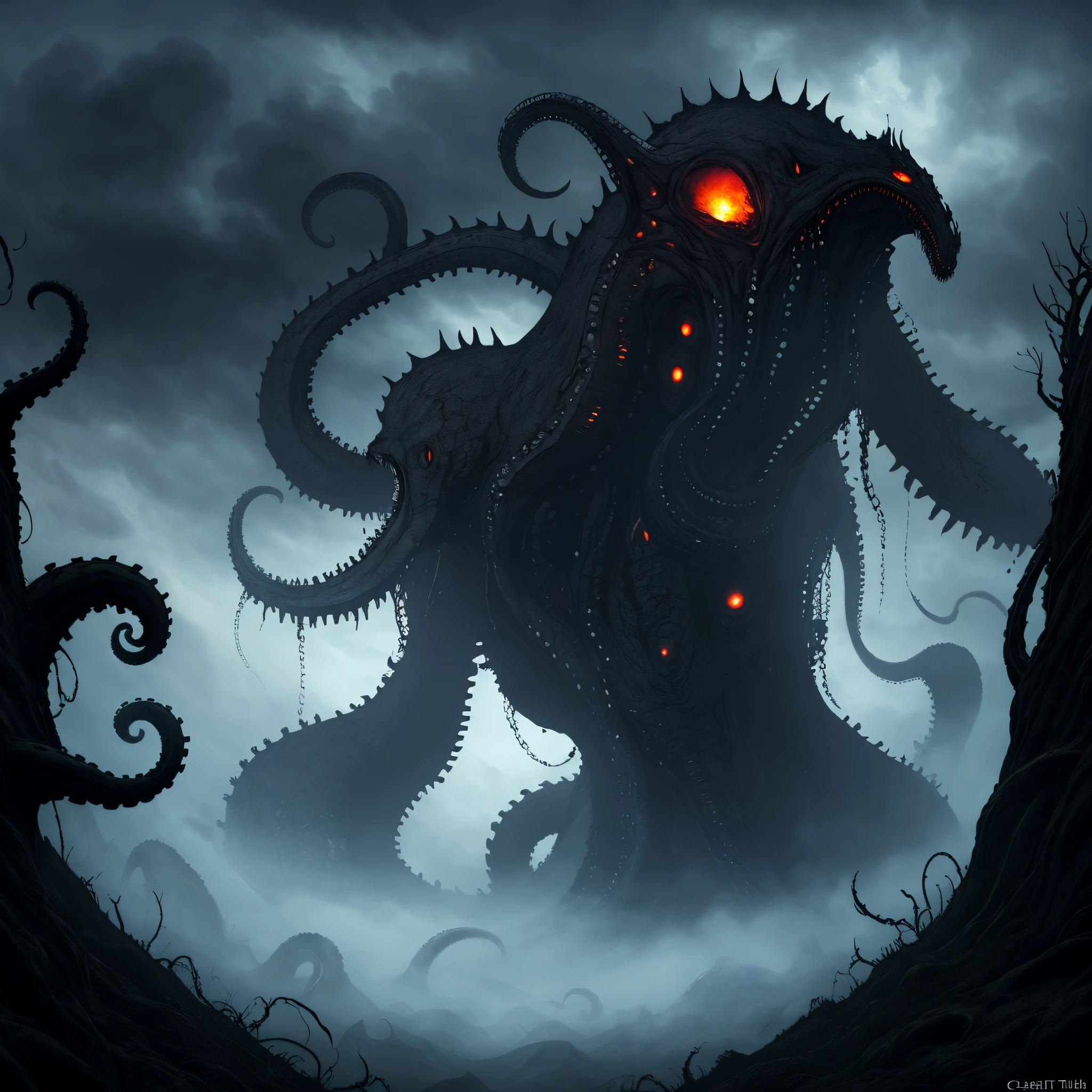((masterpiece, best quality, Highest image quality, high resolution, Reality, RAW photos, 8K)), People take photos of giant creatures with their cellphones,Gray abyss sky, Lovecraftian atmosphere, Giant Cthulhu Eye, Rotating black vortex,The rotating bloody sun,Lovecraftian background,Giant Tentacles, An ominous fantasy illustration, Vaguely visible long, Lovecraftian Landscape,