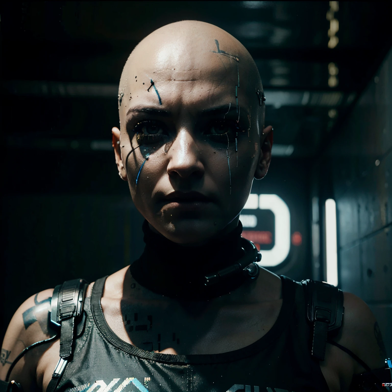 (best quality,4k,8k,highres,masterpiece:1.2),ultra-detailed,(realistic,photorealistic,photo-realistic:1.37),HDR,UHD,studio lighting,extreme detail description,professional,vivid colors,bokeh,portraits (A sexy battered, damaged, very mechanical cyborg woman yells in fear and pain while in a fighting stance), (subject 2: a gang of teenage thugs armed with spiked baseball bats has her cornered, like a pack of killers they are closing in on the cyborg)