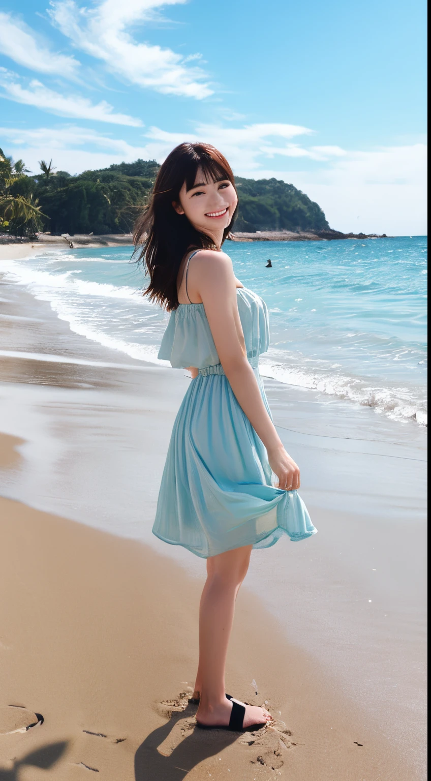 22year old、kawaii、well-styled、sand beach、a smile、Standing、