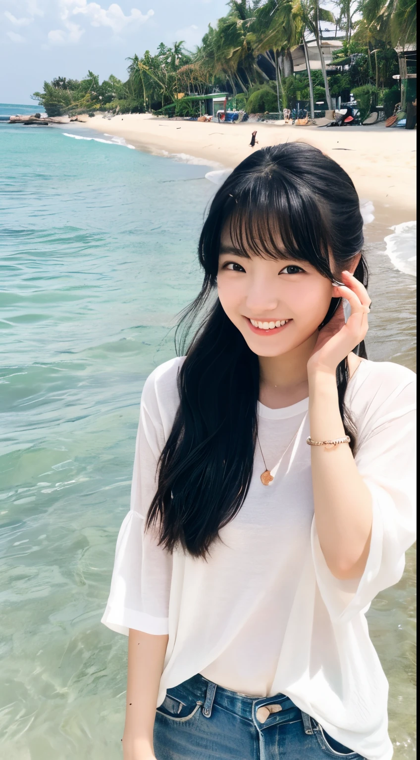 22year old、kawaii、well-styled、sand beach、a smile、Standing、