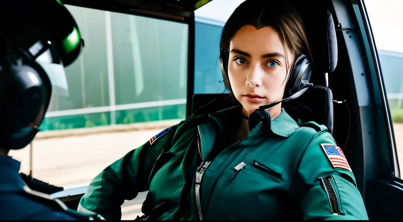 african woman with blue eyes wearing a dark green pilot suit and helmet. She has brown skin and looks nervous as she sits in the cockpit of a helicopter.