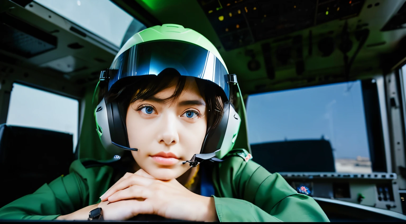 african woman with blue eyes wearing a dark green pilot suit and helmet. She has brown skin and looks nervous as she sits in the cockpit of a helicopter.
