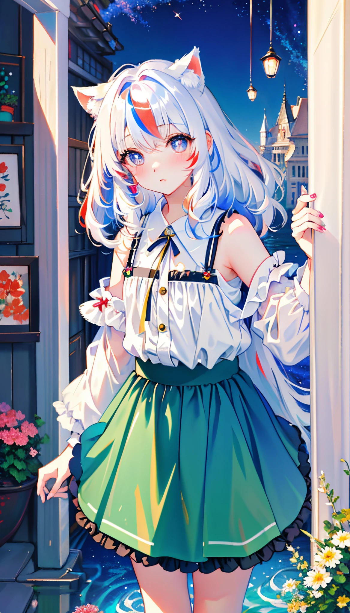 (​masterpiece、hightquality、hight resolution、Top image quality)、
Romper、big city blurred background、(colourfull:0.7)、(eyes focus:1.2)、viewer、upper_body、fish-eye lens、(inside the house:1.1)、cute little、warm light、Cute Cat Ears、
break
1 Lori、is standing、独奏、^ ^、(leaning_forward:1.1)、arms_behind_back、(wide-eyed:1.1)、head_tilt、bare shoulders​、tiny chest、long eyeslashes、鎖骨、(red blush:0.95)、
break
Shiny skin、shinny hair、(Bright pupils:1.1)、Be curious、A detailed eye、hair adornments、length hair、Double-sided upturned hair、White hair、skirt by the、shinny eyes、