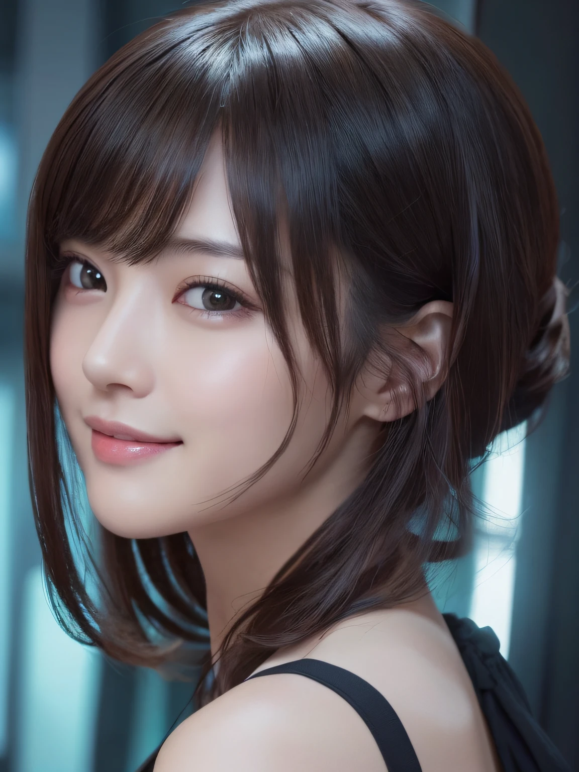 masterpiece, 1 beautiful girls, detaileds, Swollen eyes, top-quality, 超A high resolution, (Realistis: 1.4), OriginalPhotographs, 1girl in, 电影灯光, A smile, japanes, Asian Beauty, Korea person, Proper, very extremely beautiful, Slightly younger face, Beautiful skins, slender, cyberpunk backgrouns, (A hyper-realistic), (illustratio), (hight resolution), (8K), (ighly detailed), (The best illustrations), (beautifully detailed eyes), (ultra-detailliert), (wall-paper), (详细的脸), looking at the viewers, fine detailed, A detailed face、deep-shadows、Unobtrusive、pureerosfaceace_v1、A smile、oblique bangs、Facing straight ahead、Neat Clothing、Black colored eyes、Open your mouth
