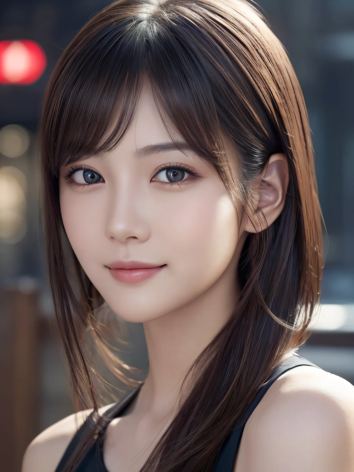 masterpiece, 1 beautiful girls, detaileds, Swollen eyes, top-quality, 超A high resolution, (Realistis: 1.4), OriginalPhotographs, 1girl in, 电影灯光, A smile, japanes, Asian Beauty, Korea person, Proper, very extremely beautiful, Slightly younger face, Beautiful skins, slender, cyberpunk backgrouns, (A hyper-realistic), (illustratio), (hight resolution), (8K), (ighly detailed), (The best illustrations), (beautifully detailed eyes), (ultra-detailliert), (wall-paper), (详细的脸), looking at the viewers, fine detailed, A detailed face、deep-shadows、Unobtrusive、pureerosfaceace_v1、A smile、oblique bangs、Facing straight ahead、Neat Clothing、Black colored eyes、Open your mouth