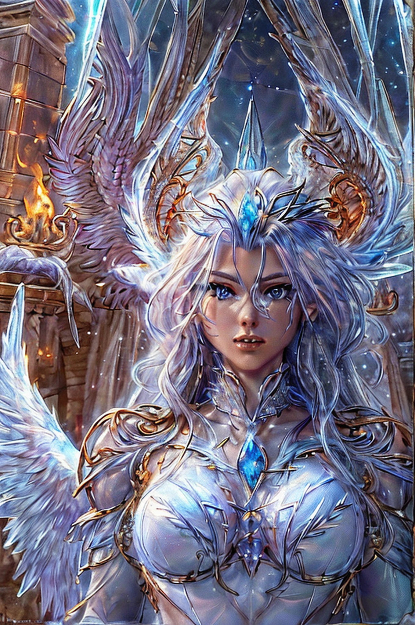 fantasy art, RPG art, icestyle a picture of an (ice sculpture: 1.5) (ultra detailed, Masterpiece, best quality: 1.4) of an (icy: 1.4) female angel (ultra detailed, Masterpiece, best quality: 1.3) spread angel wings angel_wings (ultra detailed, Masterpiece, best quality: 1.3) made from ice, fiery halo red fire, flame hair, fantasy temple background best quality, 16k, [ultra detailed], masterpiece, best quality, (ultra detailed), full body, ultra wide shot, photorealistic