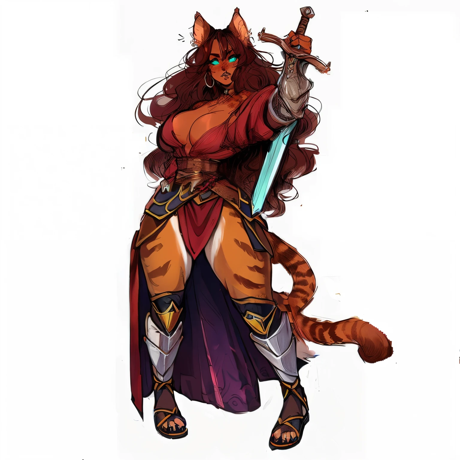 a close up of a woman with a sword and a cat, tabaxi :: rogue, d&d character commission, tabaxi, anthropomorphic female cat, d & d style full body portrait, catgirl, official character art, fantasy d&d character, commission for high res, tiefling rogue, tiefling from d & d, leg armor, beautiful, aesthetically pleasing, athropomorphic legs, furry, thighs, detailed graves, sandals, (pretty cat paws feet with claws:1), pelvic curtain