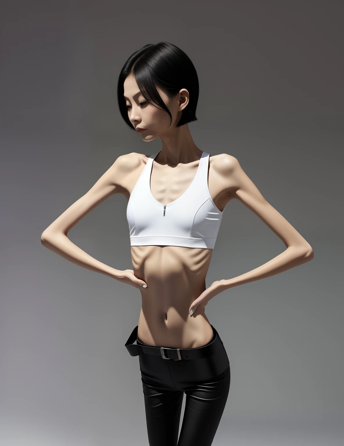very thin woman, A thin body,Protruding sternum,The waist is very thin,The ribs are noticeable,Protruding ribs,The pelvic protrusion is very obvious,The pelvis is markedly elevated,White skin of the,thin shoulde,The waist is very thin,Sunken abdomen,Delicate arms,hunger,The lower abdomen is depressed,Short hair details,Wear tight leather pants,Asia face,The waist is particularly thin,Cross your hands at your waist,angry look,Excessive weight loss,Face becomes thinner,Severe malnutrition,Effeminate woman