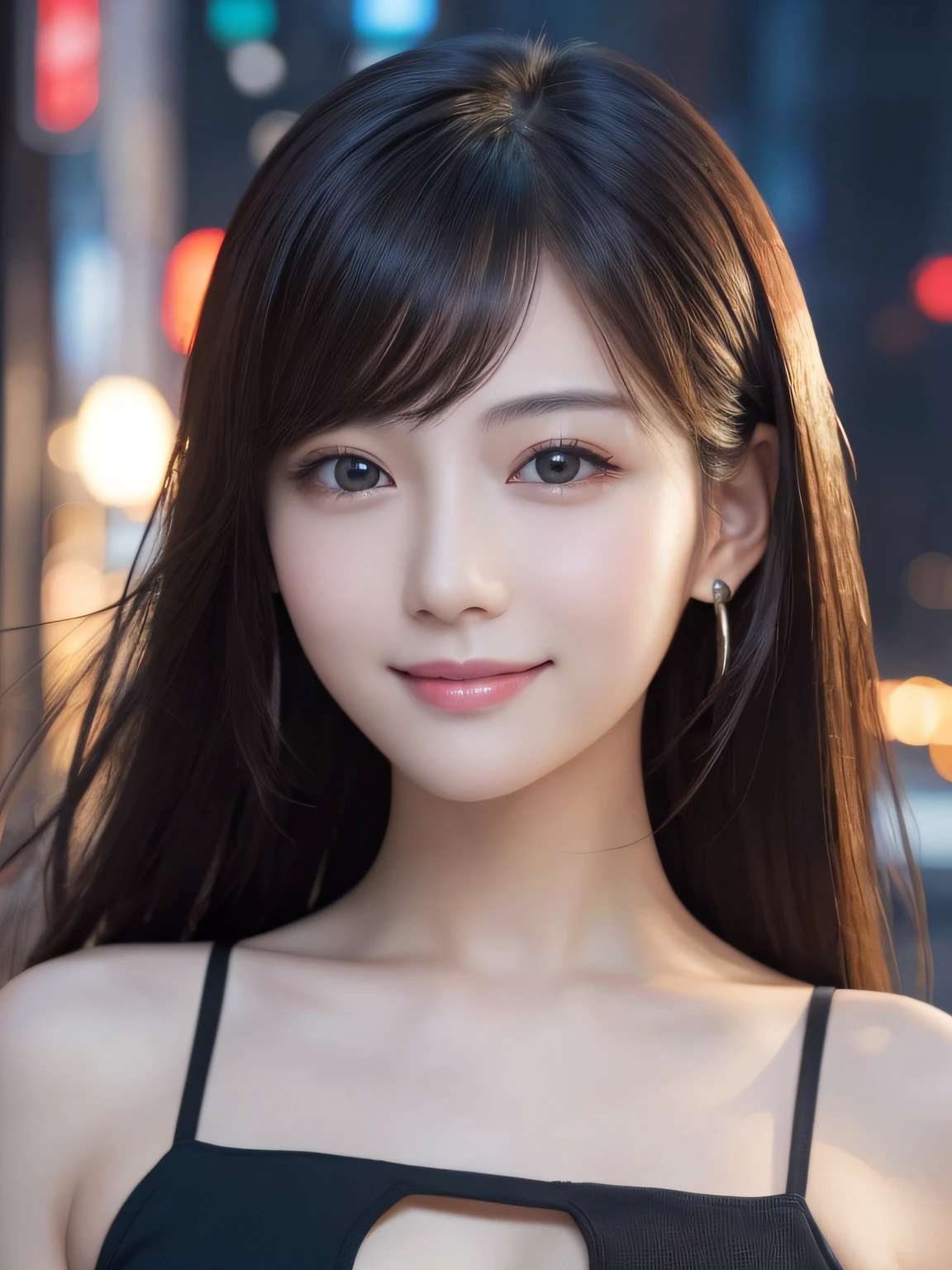 ​masterpiece, 1 beautiful girls, detaileds, Swollen eyes, top-quality, 超A high resolution, (Realistis: 1.4), OriginalPhotographs, 1girl in, 电影灯光, A smile, japanes, Asian Beauty, Korea person, Proper, very extremely beautiful, Slightly younger face, Beautiful skins, slender, cyberpunk backgrouns, (A hyper-realistic), (illustratio), (hight resolution), (8K), (ighly detailed), (The best illustrations), (beautifully detailed eyes), (ultra-detailliert), (wall-paper), (详细的脸), looking at the viewers, fine detailed, A detailed face、deep-shadows、Unobtrusive、pureerosfaceace_v1、A smile、oblique bangs、Facing straight ahead、Neat Clothing、Black colored eyes、Open your mouth