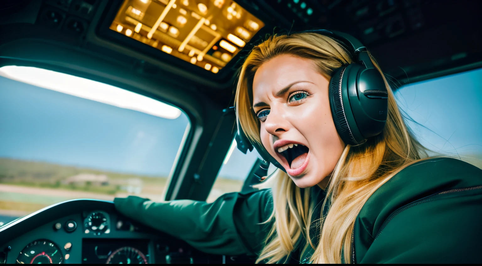 Beautiful woman wearing a dark green pilot suit and helmet　blonde  hair　blue eyess.　Brown-skinned　Screaming with open mouth　sit in the cockpit of a helicopter in.